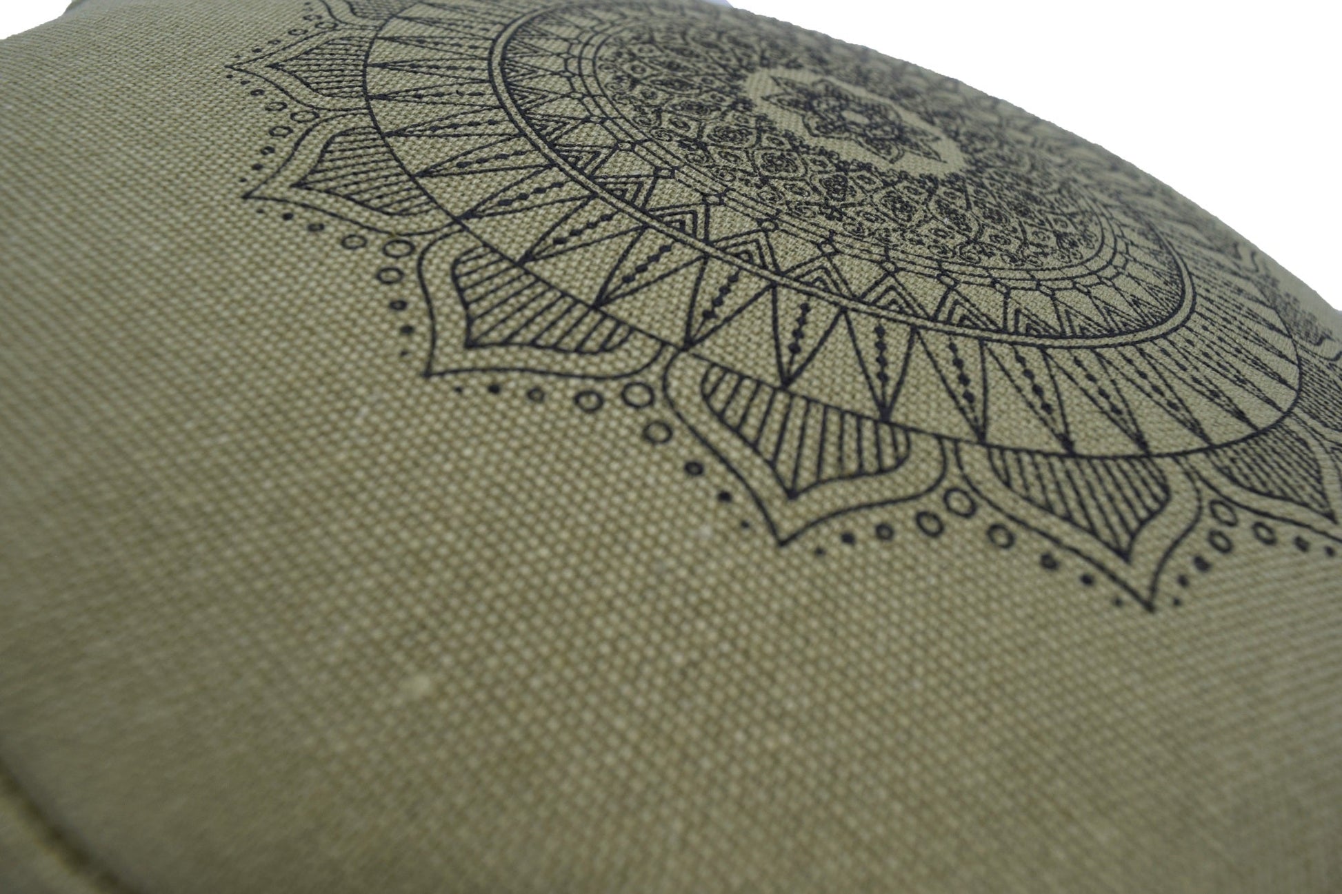 Hemp Zafu meditation cushion organic buckwheat hull fill with mandala design made in USA cactus green close up