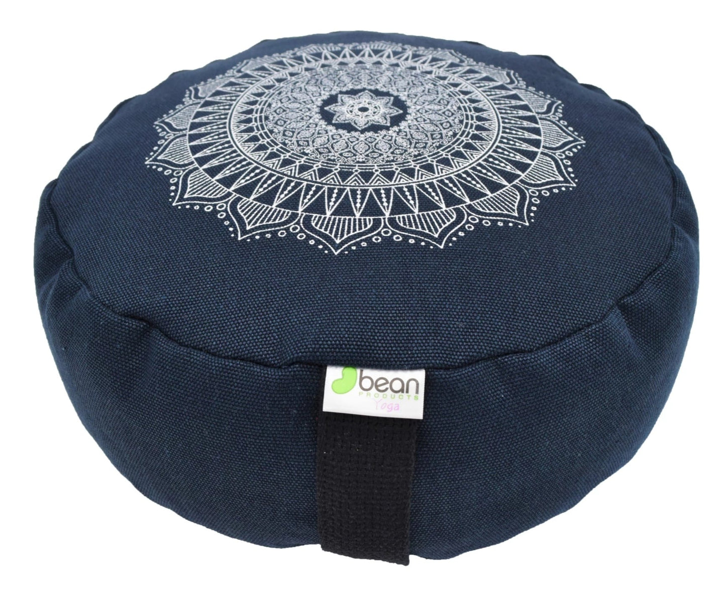 Hemp Zafu meditation cushion organic buckwheat hull fill with mandala design made in USA blueberry blue