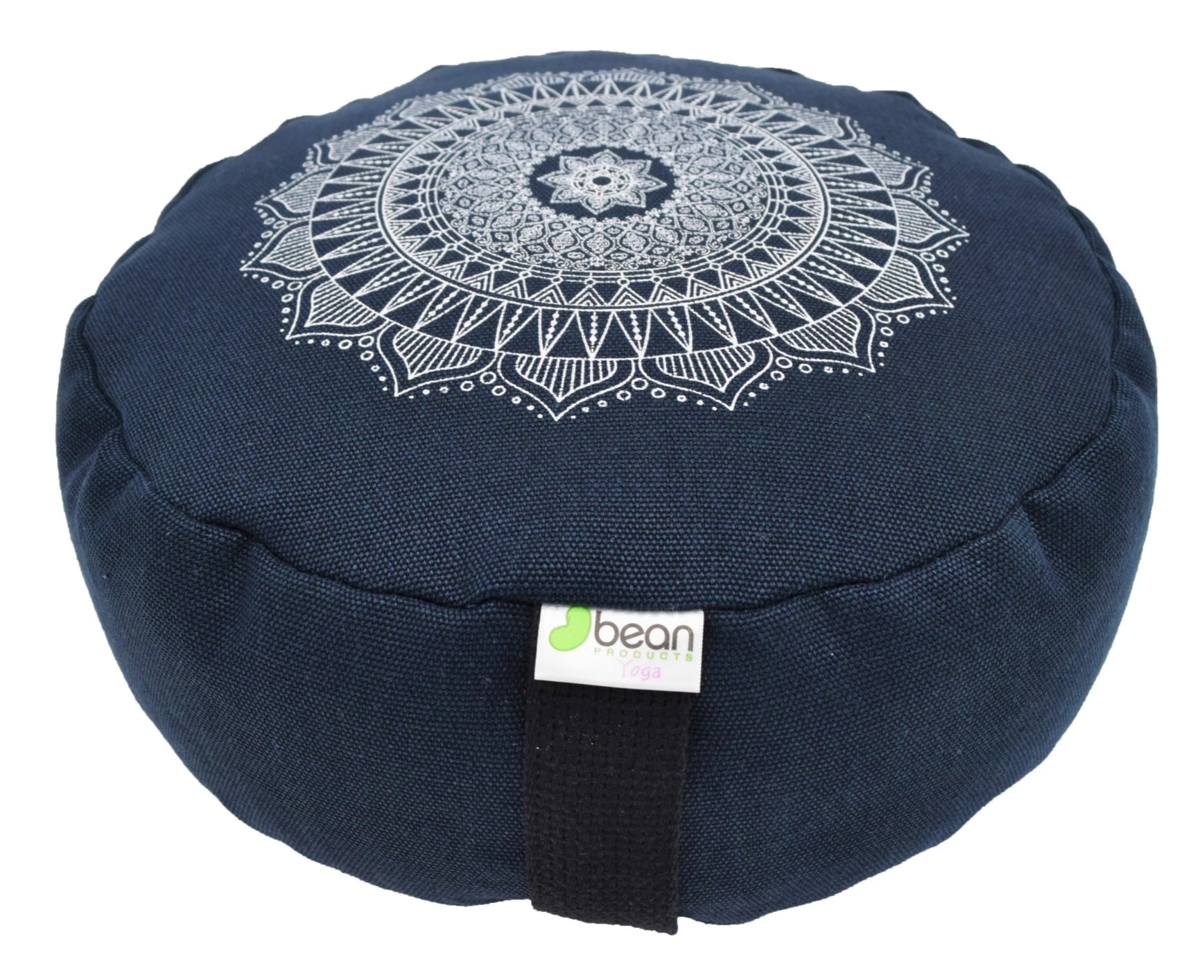 Hemp Zafu meditation cushion organic buckwheat hull fill with mandala design made in USA blueberry blue