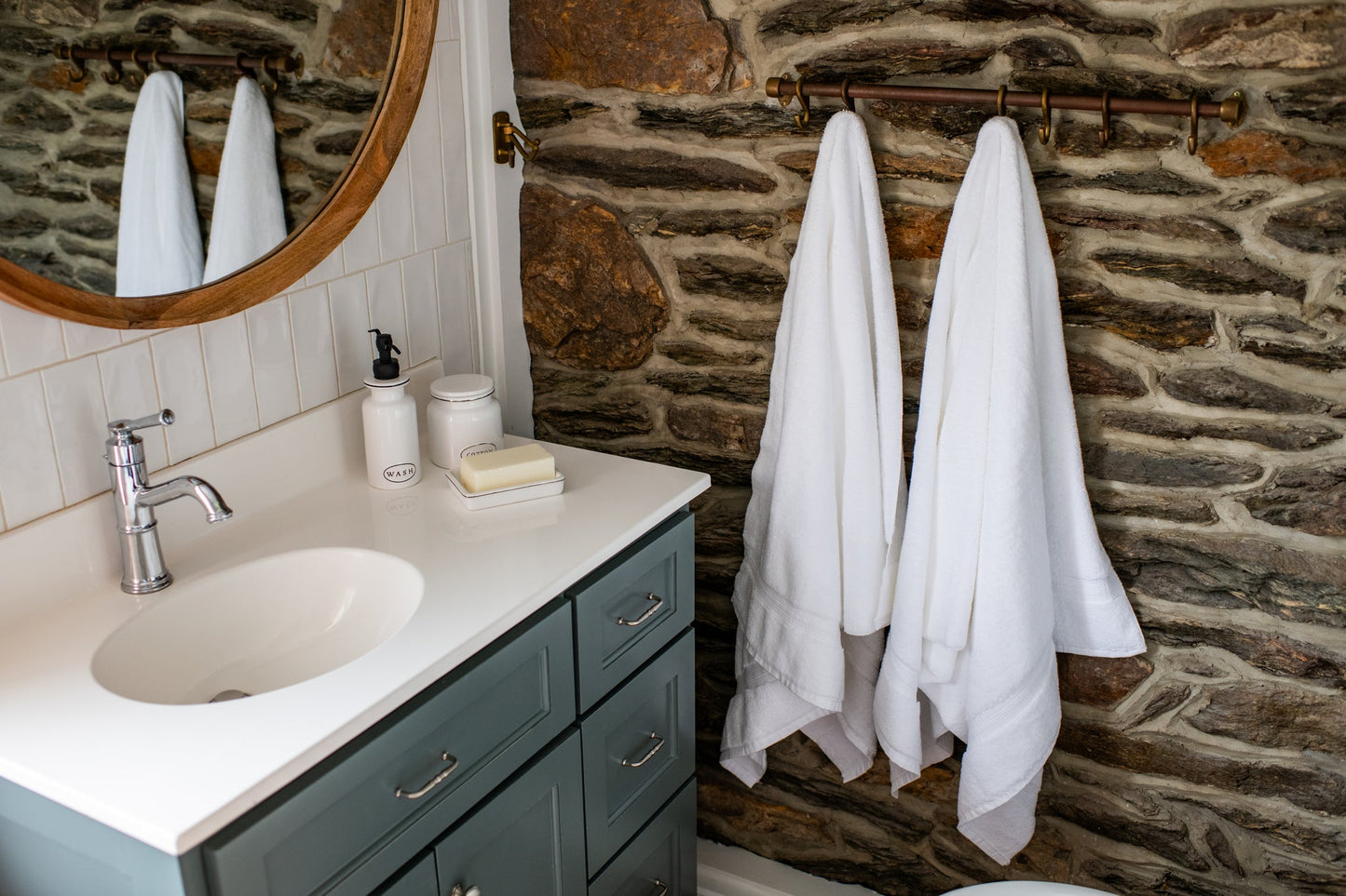 Towels Hanging on Hooks Color White Bath Towels Ethically Made Luxury Cotton Made in USA