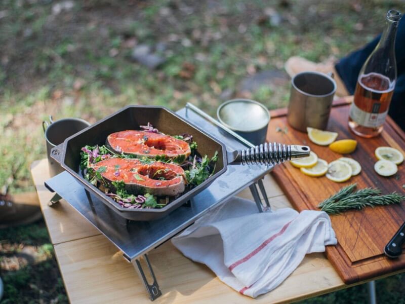 Cast iron grill pan with salmon