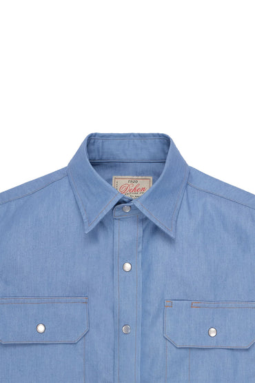 Dehen - Drover SS Shirt - Light Indigo Chambray - Collar