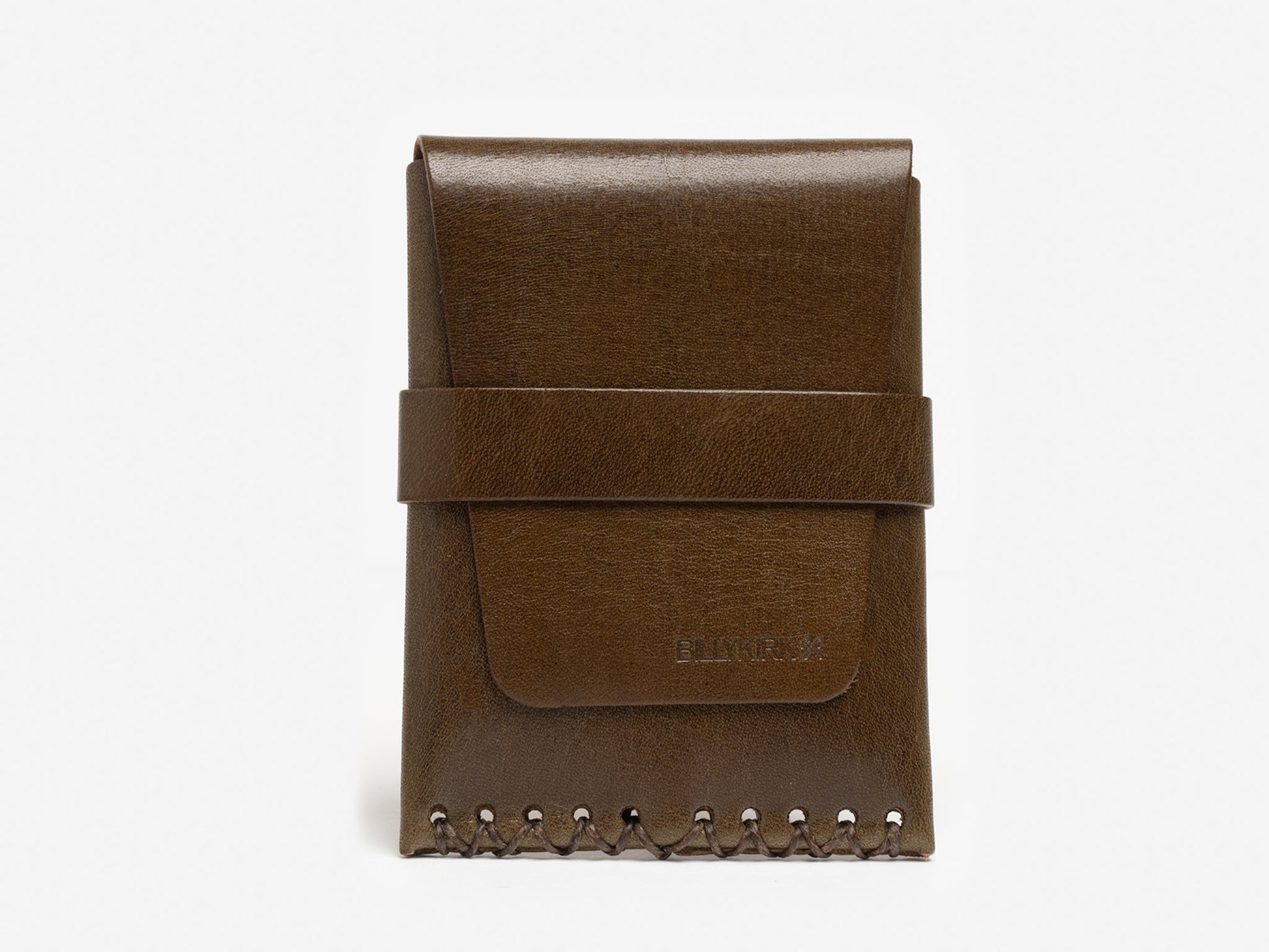 An olive leather wallet with a flap closure, horizontal strap, and visible stitching along the bottom edge, set against a plain white background.