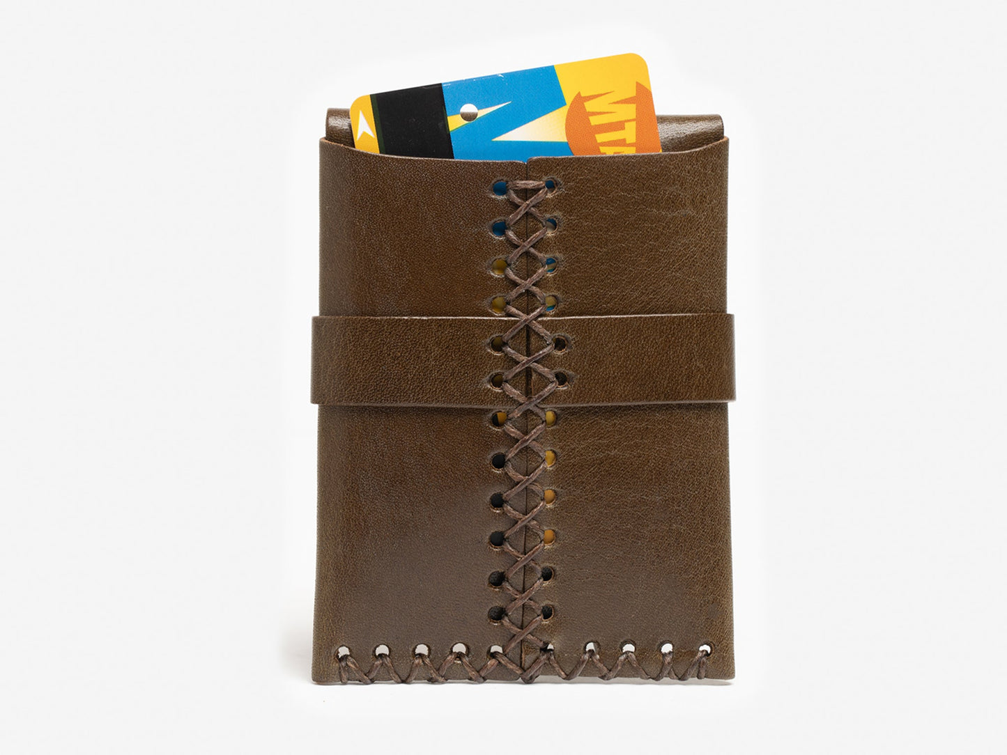 A olive leather card holder with decorative stitching down the center, holding two plastic cards, one yellow and blue and another partially visible, against a white background.