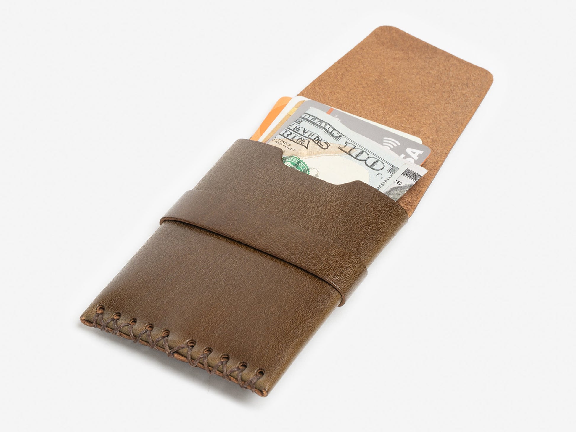 A olive leather wallet with visible stitching, partially open to reveal cash and several cards inside, set against a white background.