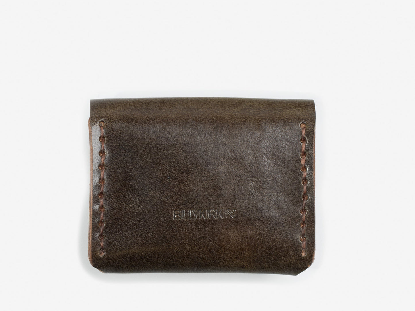 The back of a olive coin pouch with hand-stitched edges with a Billykirk logo embossed at the bottom
