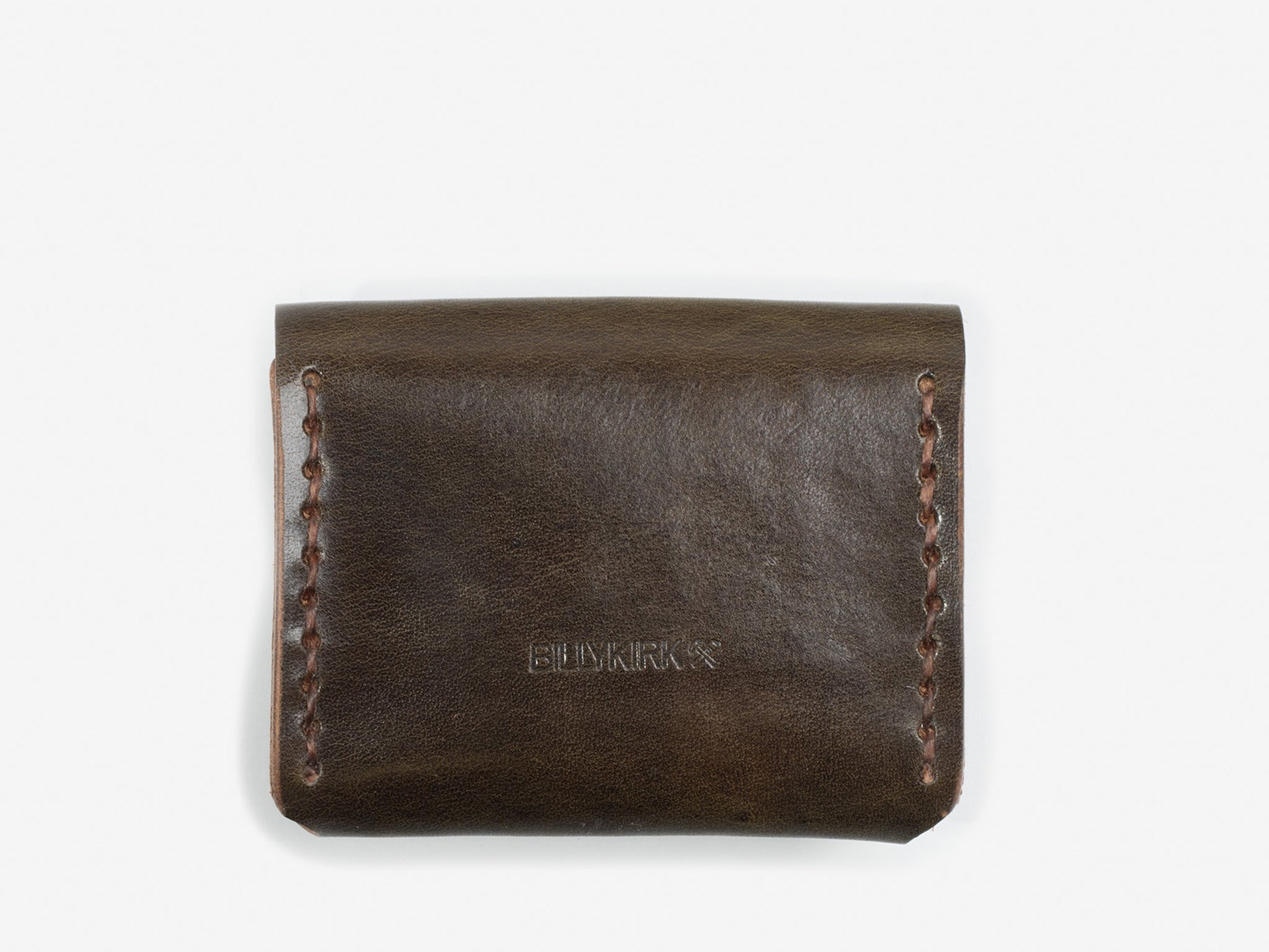 The back of a olive coin pouch with hand-stitched edges with a Billykirk logo embossed at the bottom