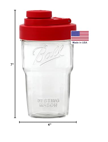 Brewing America Nesting Jar with Drinking Lid as Travel Cup, 1 Pint (16 oz) with Red Pouring Lid on Wide Mouth Ball Nesting Mason Jar, USA-Made To Go Drink Cup, 1-Pack