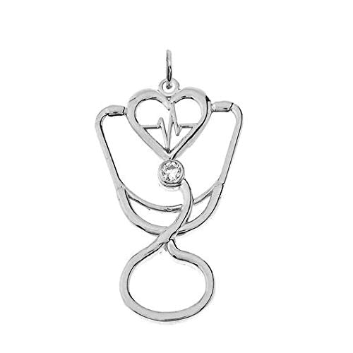 Takar Sterling Silver Diamond Stethoscope Cardiogram Pendant, Stethoscope Charm For Women, Gift for Doctor And Nurse, Made In USA.