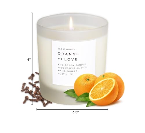 Slow North Orange + Clove Candle - Essential Oils and 100% Pure Soy Wax Candle in a Reusable Frosted Glass Jar - A Unique and Mindful Scented Candle Hand-Poured in The USA (8 oz)