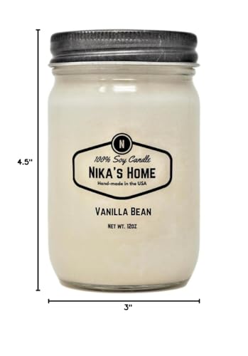 Nika's Home Vanilla Bean Soy Candle - 12oz Mason Jar - Non-Toxic - Hand Poured in The USA, Long Burning 50-60 Hours Highly Scented All Natural, Clean Burning