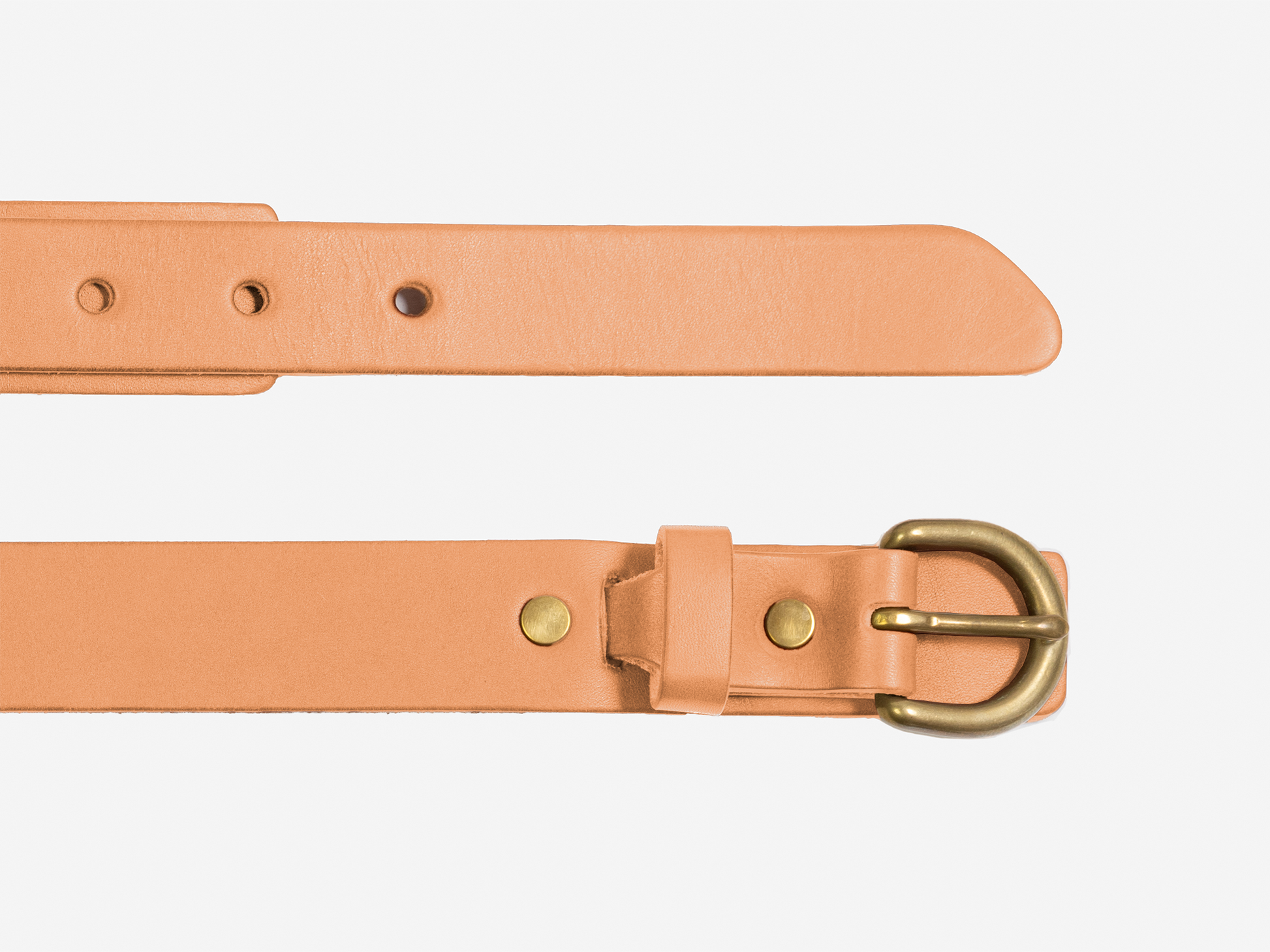 Tan leather belt with a brass buckle, two gold rivets near the buckle, and several adjustment holes. The belt is shown laid flat on a white background.