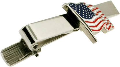 PinMart Waving American Flag Tie Clip & Cufflink USA Patriotic Bundle - Silver