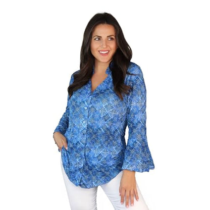 SNO SKINS Spring/Summer Collection Designer Print Crinkle Sweetheart Top with Stand Collar (Tile)