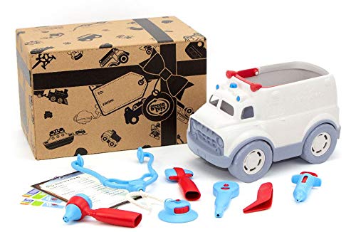 Green Toys Ambulance & Doctor's Kit Red/Blue FFP 10 Piece Pretend Play,Motor Skills,Language & Communication Kids Role Play Toy Vehicle. No BPA,phthalates,PVC,Dishwasher Safe,Recycled Plastic,USA Made