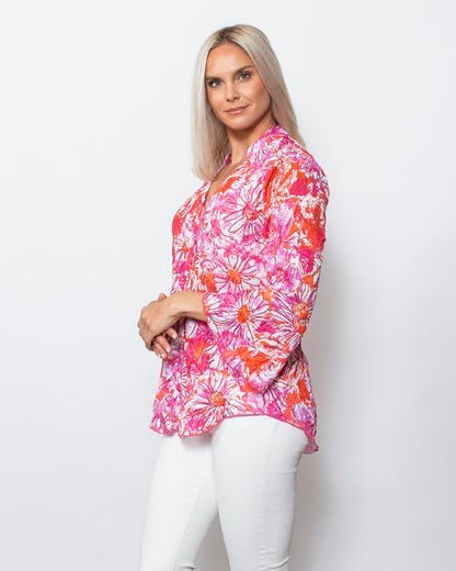 SNO SKINS Spring/Summer Collection Designer Print Crinkle Sweetheart Top with Stand Collar (Pink Passion)