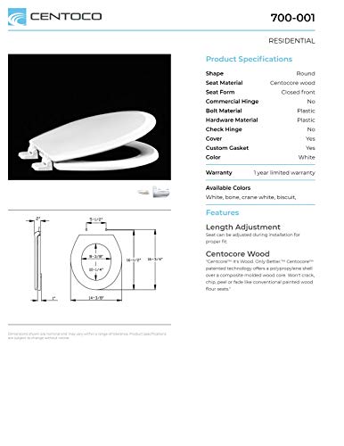 Centoco Wooden Toilet Seat Round, Closed Front with Cover, Residential, Made in the USA, 700-106, Bone