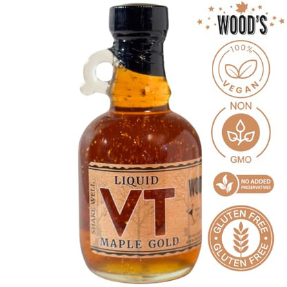 Wood’s Liquid Maple Gold – Vermont Maple Syrup with Real 24K Gold Flakes – Vegan, Plant-Based Sweetener – Small Batch, Artisanal, Luxury Syrup for Gifting, Cocktails, and Gourmet Cuisine – 8.45 oz Glass Bottle