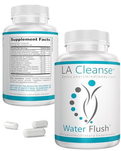 LA Cleanse Water Flush - Natural Water Away Pills for Swollen Legs & Feet - Water Retention Pills for Swelling & Bloat Relief with Potassium, B-6, Dandelion & Green Tea - 1 Pack, 60 Count
