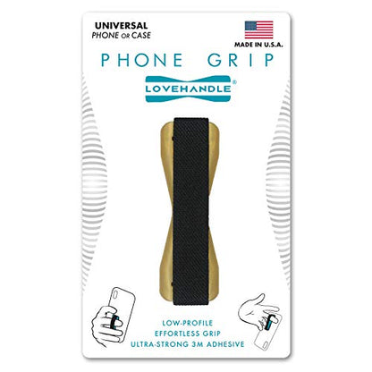 LOVEHANDLE Universal Phone Grip for Smartphones & Mini Tablets - Phone Holder for Hand - Wireless Charging Compatible - Made in The USA - Black Elastic Strap with Gold Base