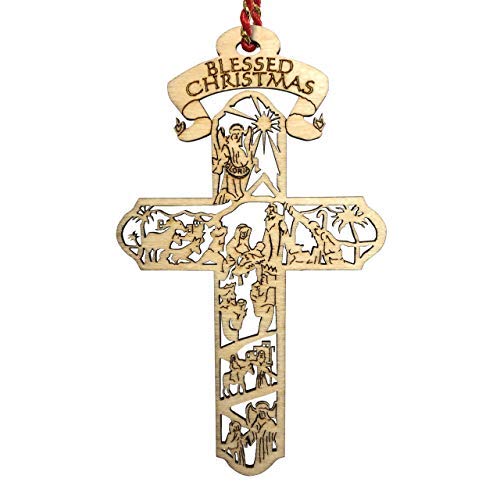 Jolette Designs Nativity Cross Christmas Ornament Gift, Real Wooden Decor for Tree, Office, Car. Unique Wood Holy Family Scene Gifts, 4.5X 2.625, Made in USA, Keepsake Tells The Whole Christmas Story