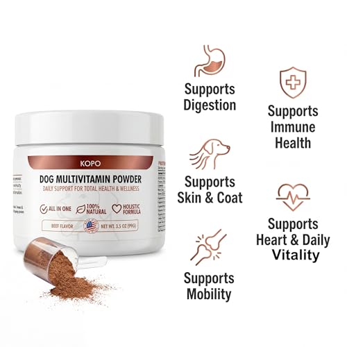 Kopo Dog Multivitamin Powder | Supports Heart, Daily Vitality, Immune Health, Digestion, Skin & Coat and Hip & Joint | For Puppy, Adult & Senior Dogs | Beef Liver Flavor | All Breeds Sizes | 99 Scoops