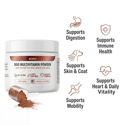 Kopo Dog Multivitamin Powder | Supports Heart, Daily Vitality, Immune Health, Digestion, Skin & Coat and Hip & Joint | For Puppy, Adult & Senior Dogs | Beef Liver Flavor | All Breeds Sizes | 99 Scoops