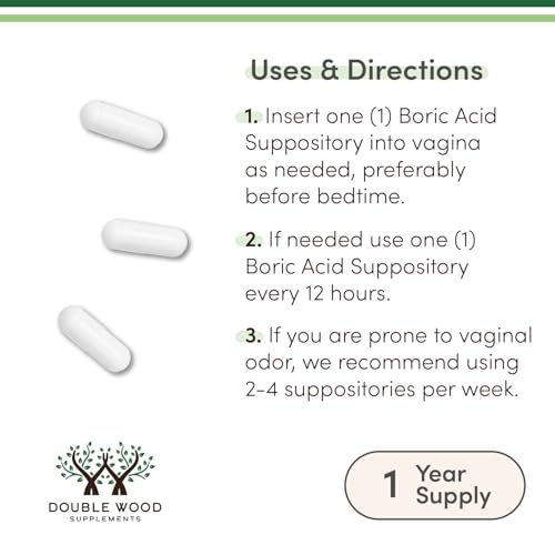 Boric Acid Suppositories (600mg Vaginal Suppository, 60 Count) Supports Vaginal pH Balance, Odor Control (USP Medical Grade Fine Powder, Easy Dissolve, Third Party Tested) by Double Wood