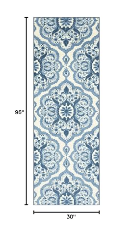 Maples Rugs Vivian Medallion Runner Rug - Made in USA - Washable, Non Slip, Indoor Carpet for Hallway, Kitchen, and Laundry Room, 2'6 x 8', Blue/White