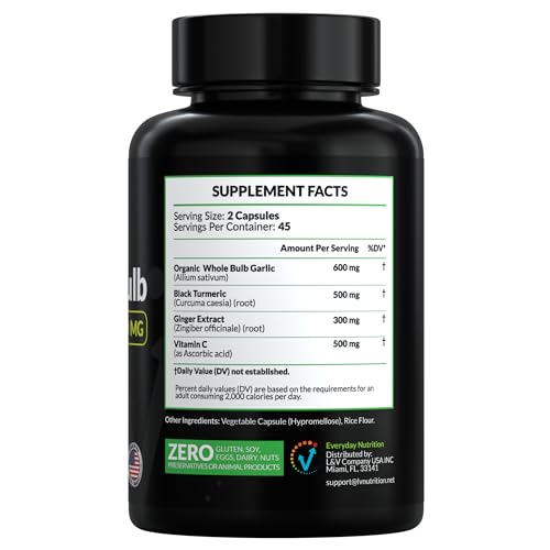 4-in-1 Garlic Supplement with Organic Whole Bulb Garlic, Black Turmeric, Ginger Extract & Vitamin C – Immune Support & Antioxidant Supplement – High Potency Vegan Formula – Made in USA – 90 Capsules