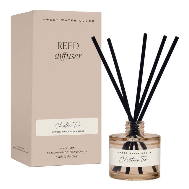 Sweet Water Decor Christmas Tree Reed Diffuser Set - Spruce, Pine Needles, Cedar, and Moss Scented Diffusers - Scent Diffusers for Home, Long Lasting Fragrance, Made in The USA