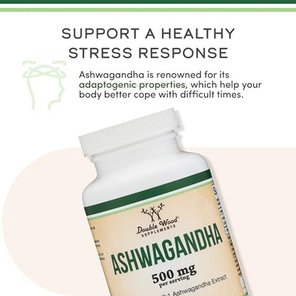 Ashwagandha Capsules, 120 Count (500mg Extract 20:1 Potency) Adaptogen Stress Relief by Double Wood