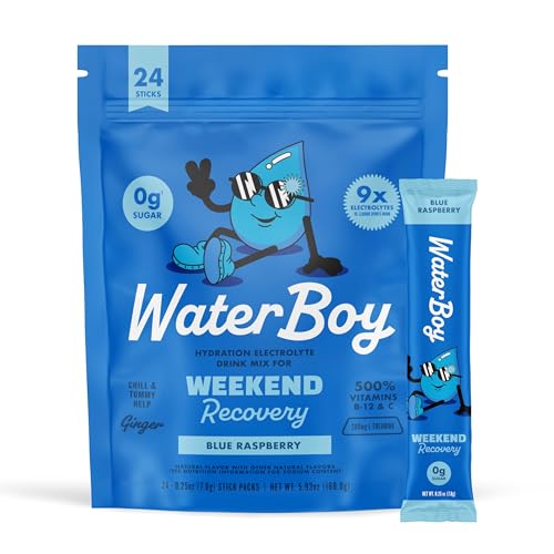 Waterboy Weekend Recovery | 3,200mg Electrolyte Powder Packets | Ginger + L-Theanine + Vitamins | No Sugar, All Natural, Gluten Free | 24 Drink Stick Mixes (Blue Raspberry)