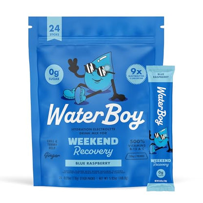 Waterboy Weekend Recovery | 3,200mg Electrolyte Powder Packets | Ginger + L-Theanine + Vitamins | No Sugar, All Natural, Gluten Free | 24 Drink Stick Mixes (Blue Raspberry)