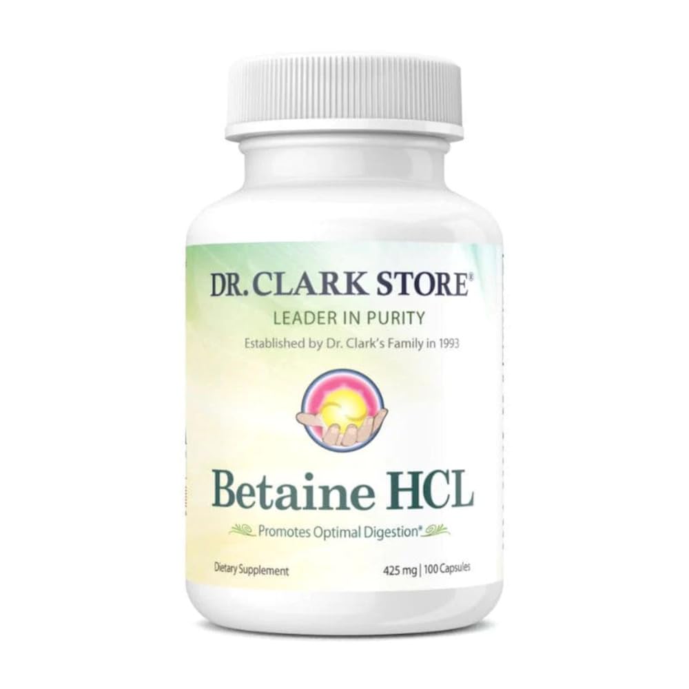 Dr. Clark Betaine HCL Digestive Enzymes - Acid Reflux Medicine, Hydrochloric Acid Protein Supplement, Optimal Digestion Formula, 100 Gelatin Capsules, 425 mg