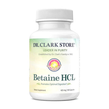 Dr. Clark Betaine HCL Digestive Enzymes - Acid Reflux Medicine, Hydrochloric Acid Protein Supplement, Optimal Digestion Formula, 100 Gelatin Capsules, 425 mg