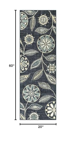 Maples Rugs Reggie Floral Runner Rug - Made in USA - Washable, Non Slip Indoor Carpet for Kitchen, Hallway, and Laundry Room, 1'8 x 5, Persian Blue