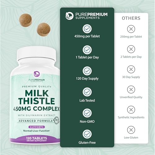 PurePremium Milk Thistle Supplement – Liver Cleanse Detox & Repair, 80% Silymarin Standardized Extract – High Potency 450mg Complex Supports Normal Liver Function – Non-GMO, Gluten-Free - 120 Supply