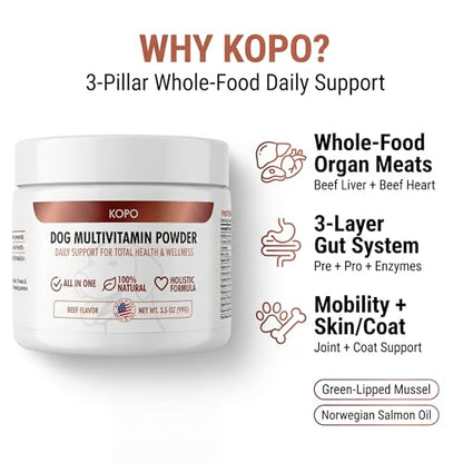 Kopo Dog Multivitamin Powder | Supports Heart, Daily Vitality, Immune Health, Digestion, Skin & Coat and Hip & Joint | For Puppy, Adult & Senior Dogs | Beef Liver Flavor | All Breeds Sizes | 99 Scoops