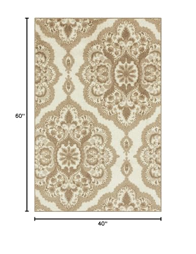 Maples Rugs Vivian Medallion Area Rugs - Made in USA - Washable, Non Slip, Pet-Friendly Mat for Bedroom, Office, and Entryway, 3'4 x 5'', Neutral