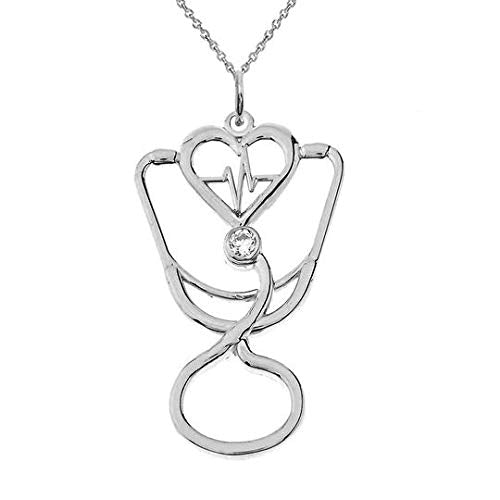 Takar Sterling Silver Diamond Stethoscope Cardiogram Pendant, Stethoscope Charm For Women, Gift for Doctor And Nurse, Made In USA.