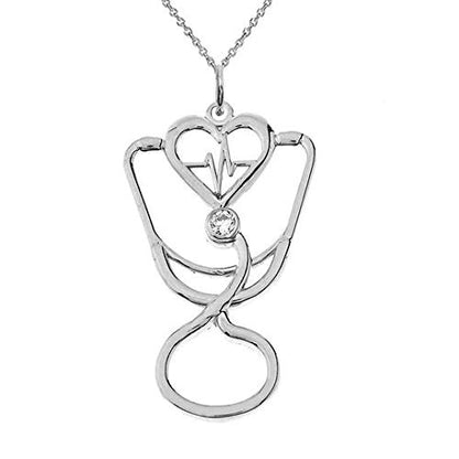 Takar Sterling Silver Diamond Stethoscope Cardiogram Pendant, Stethoscope Charm For Women, Gift for Doctor And Nurse, Made In USA.