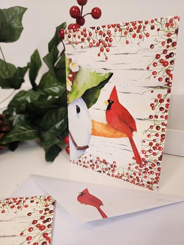 Performing Arts Premium Boxed Cardinal Christmas Card - Pack of 12 Hand Embellished Snowman and Bird Holiday Cards with Envelopes - Full color Inside - Merry Christmas Card - Made in USA