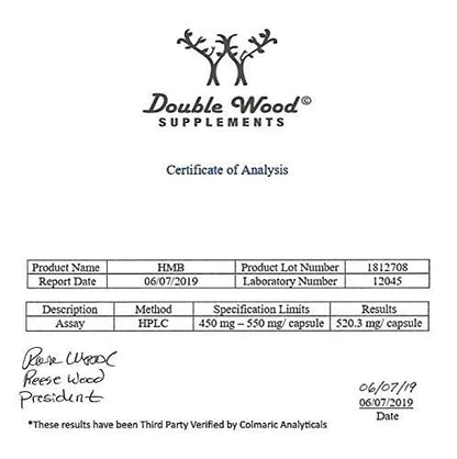 Double Wood Supplements HMB Supplement, Third Party Tested, Non-GMO, Gluten Free, 120 Capsules, 1000mg per Serving, 500mg per Capsule