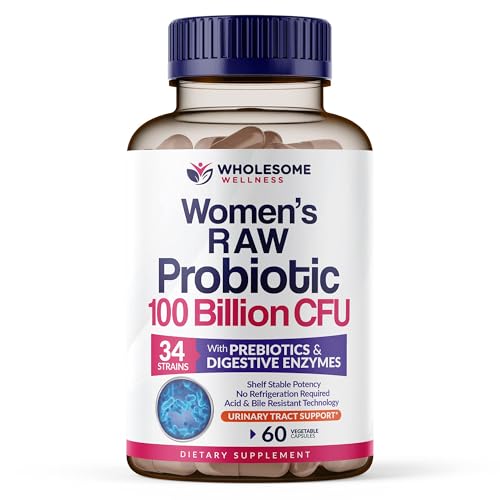 Wholesome Wellness Dr. Formulated Raw Probiotics for Women 100 Billion CFUs Capsules with Prebiotics, Digestive Enzymes, Approved for Adults, Shelf Stable Supplement