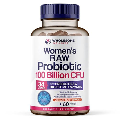 Wholesome Wellness Dr. Formulated Raw Probiotics for Women 100 Billion CFUs Capsules with Prebiotics, Digestive Enzymes, Approved for Adults, Shelf Stable Supplement