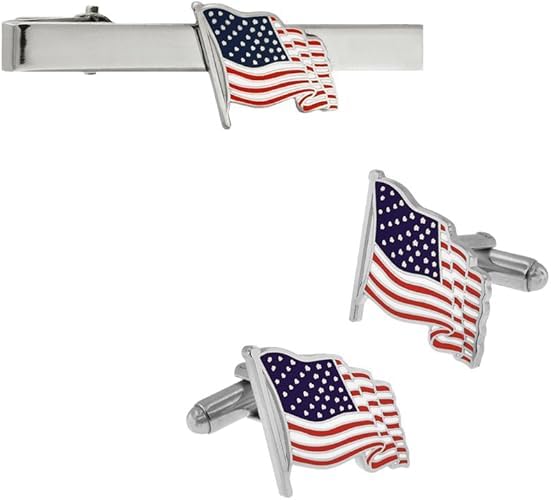 PinMart Waving American Flag Tie Clip & Cufflink USA Patriotic Bundle - Silver