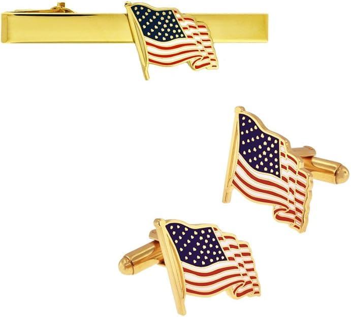 PinMart's Waving American Flag Tie Clip & Cufflink USA Patriotic Bundle - Gold