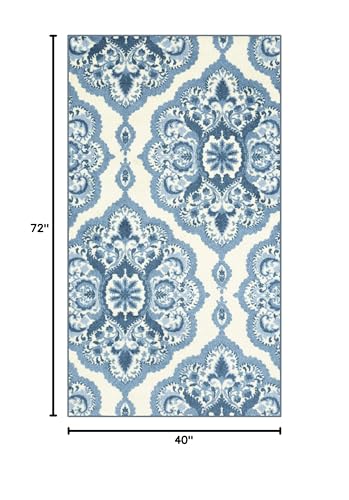 Maples Rugs Vivian Medallion Area Rugs - Made in USA - Washable, Non Slip, Pet-Friendly Mat for Bedroom, Office, and Entryway, 3'4 x 6', Blue/White