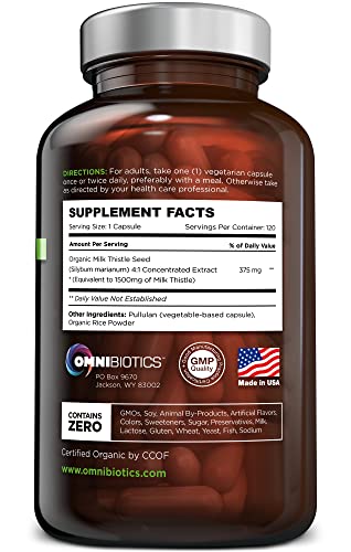 OmniBiotics Organic Milk Thistle Supplement 1500mg – 4X Concentrated Extract with Silymarin – High Potency Liver Detox & Support – 120 Vegan Capsules